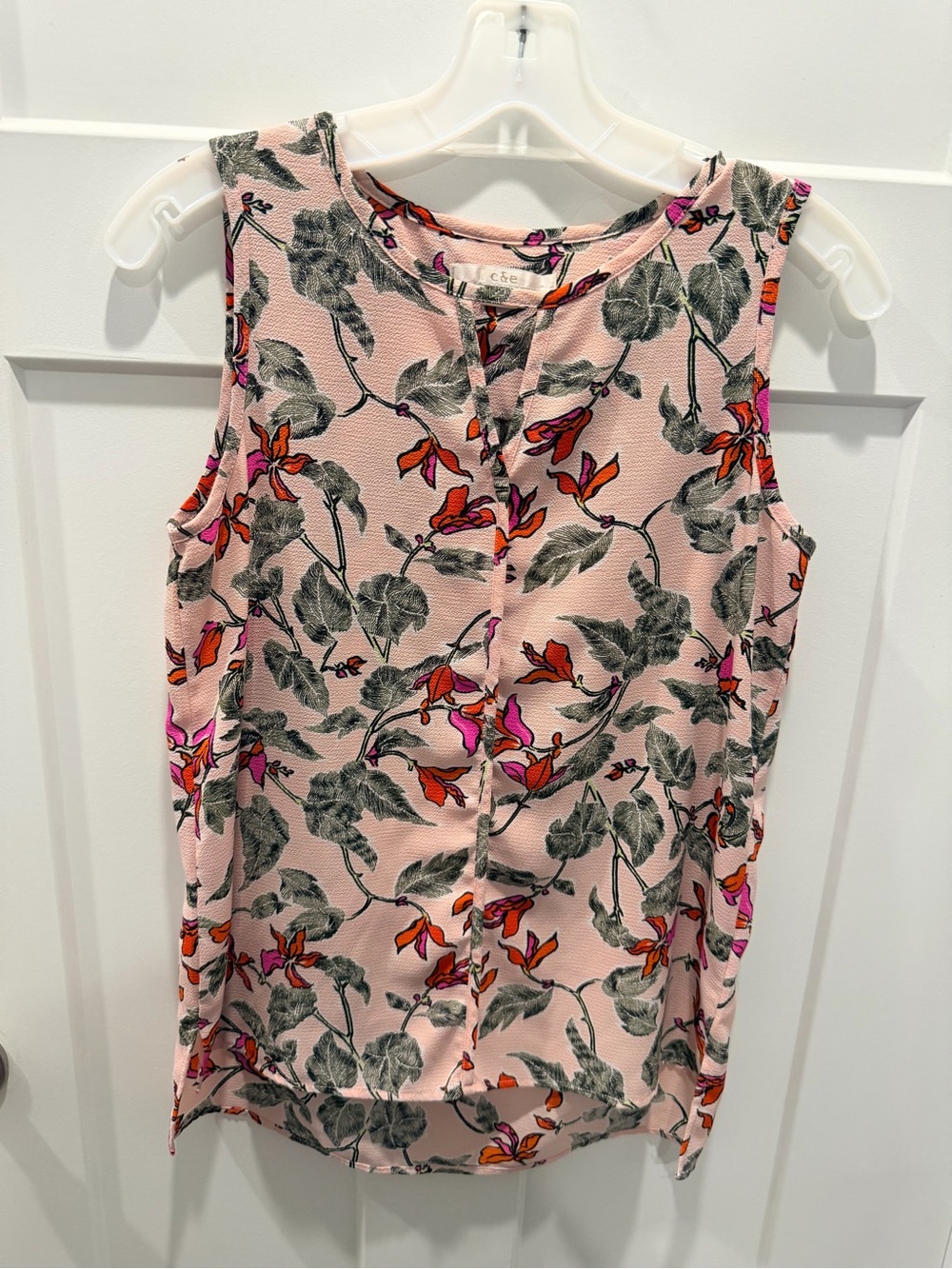 C&E Small Pink Floral Sleeveless Split Neck High Low Blouse Boho